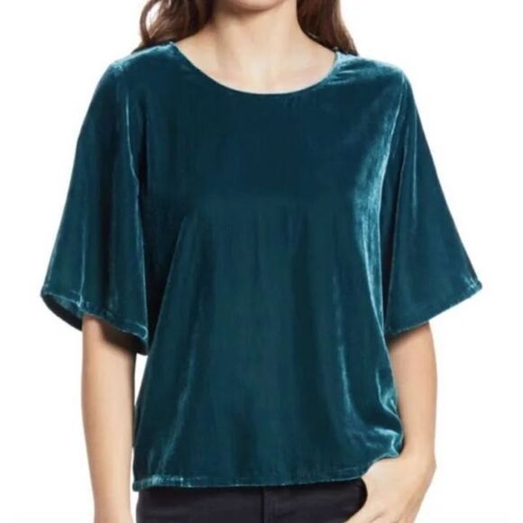 Womens Chelsea 28 Crushed Velvet Velor Crewneck Top  in Ponderosa Green - Sz XXS - Picture 1 of 2